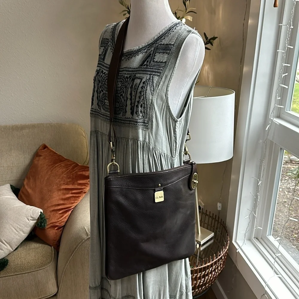CLAVA chocolate brown leather turn lock crossbody bag
